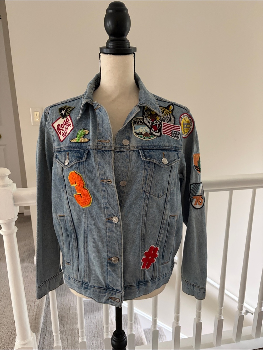 Topshop Light Blue Denim Jacket with Embroidered Patches